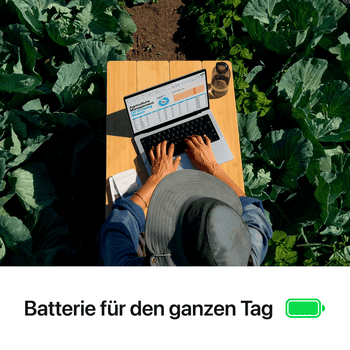 Pessoa usando laptop ao ar livre em meio a plantas verdes, com bateria carregada.