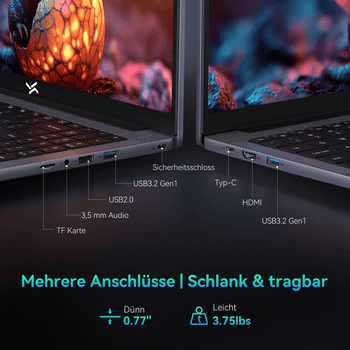 Portátil Haus Mobil 24 ® com conexões USB-C, HDMI e áudio de 3,5 mm.