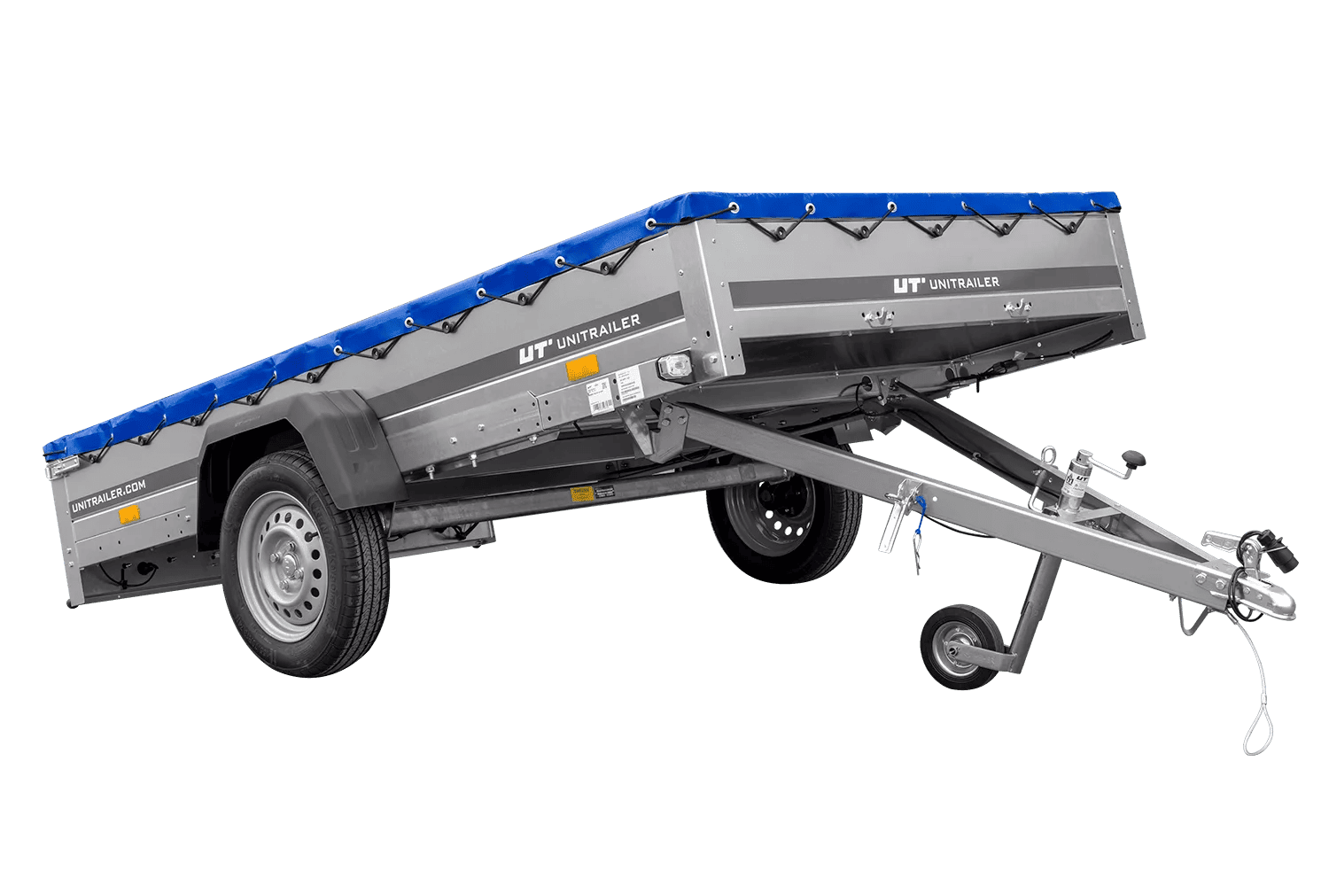 Einachsanhänger 264×150 UNITRAILER GARDEN 265 KIPP mit einem Flachplanenträger und blauer Plane-Neu